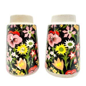 Vintage Design Ceramic Floral Salt and Pepper Shakers Black w Multicolor Flowers
